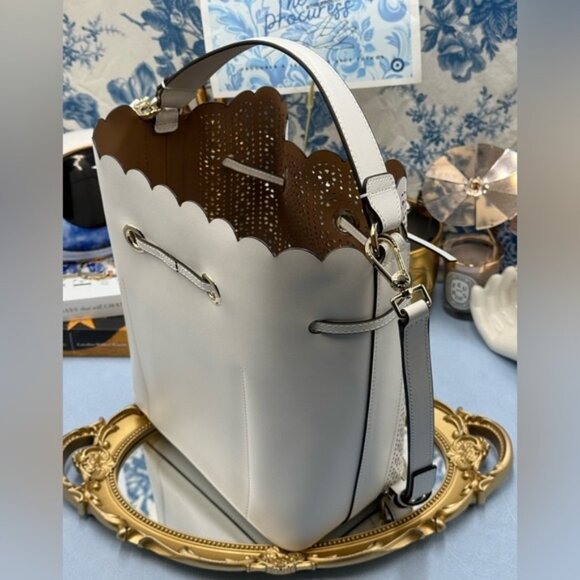 🆕 FURLA 🧿 NWOT Constanza Laser Cut Leather Drawstring Bucket Bag, Chalk - Picture 14 of 16